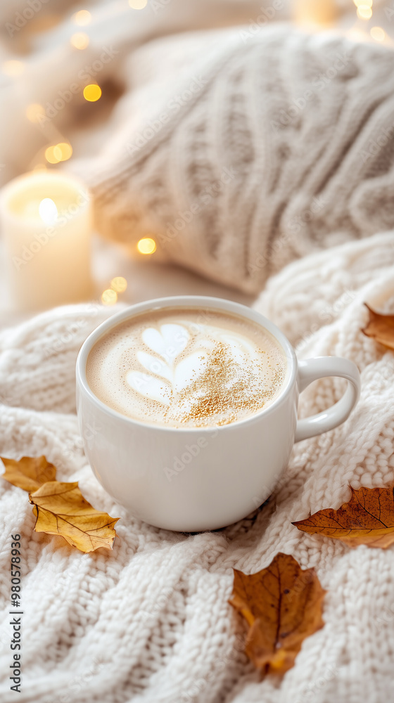 cup of latte, with intricate latte art and sprinkled with cinnamon, on cozy, cream-colored knit blanket. Scattered autumn leaves cup of latte, with intricate latte art and sprinkled with cinnamon, on cozy, cream-colored knit blanket. Scattered autumn leaves