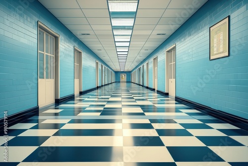 Retro style checkerboard pattern flooring in empty school hallway with fluorescent lighting
