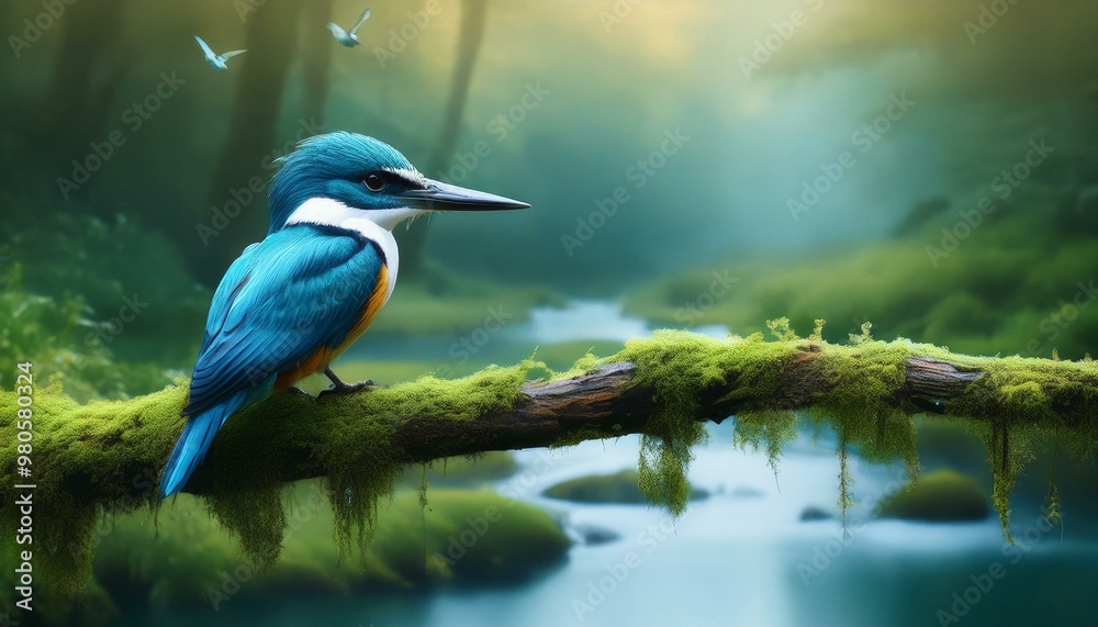 blue kingfisher on branch with moss, background a forest and a river, fog blue kingfisher on branch with moss, background a forest and a river, fog