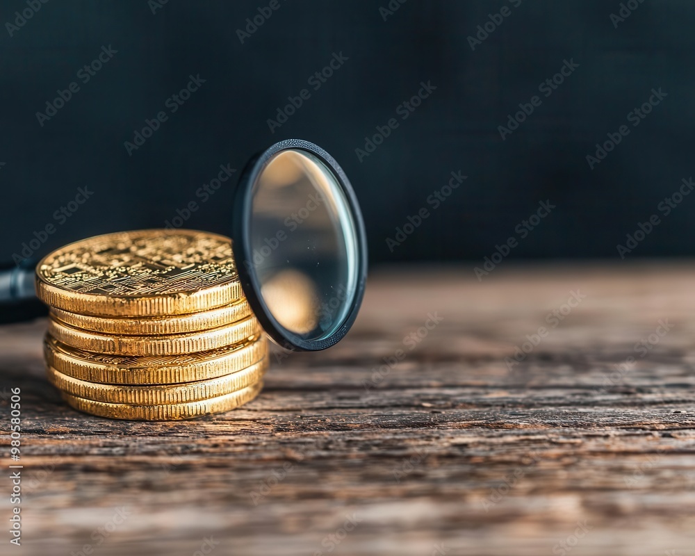 Investor looking through a magnifying glass at intricate gold coins, representing thorough financial analysis Investor looking through a magnifying glass at intricate gold coins, representing thorough financial analysis