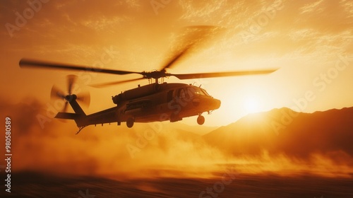 Helicopter Flying at Sunset Over Desert Landscape