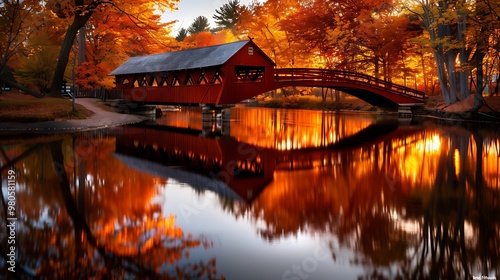 vibrant autumn in new england, covered bridge, fall foliage a covered bridge spans a peaceful river, surrounded by vibrant autumn foliage. 