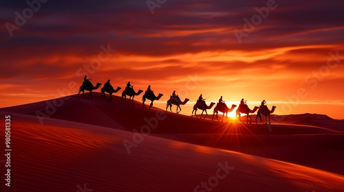 vast sahara desert, camel caravan silhouette at sunset the camel caravan moves slowly across the desert as the sun sets behind them. 