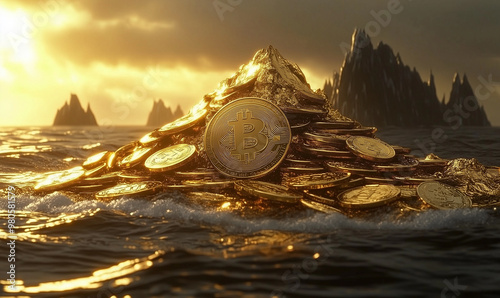 A mountain made of bitcoins in a mountainous landscape. Lot of Golden Coins Wallpaper, rich, wealthy, wealth, opulent treasure wallpaper. 