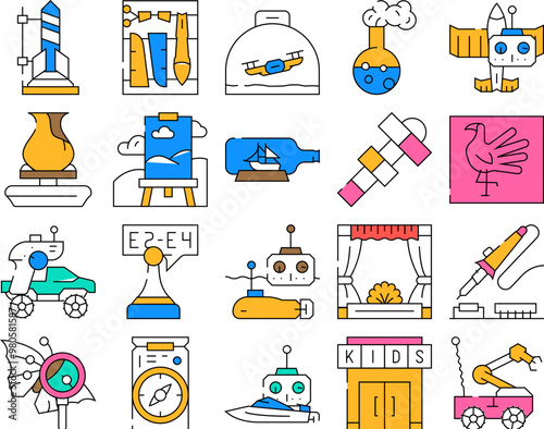 Kids Club Hobby Funny Occupation Icons Set Vector. Street Games And Sport Tourism, Theatrical And Chemistry Children Club, Air Simulation And Radio Controlled Car Sections color Contour Illustrations