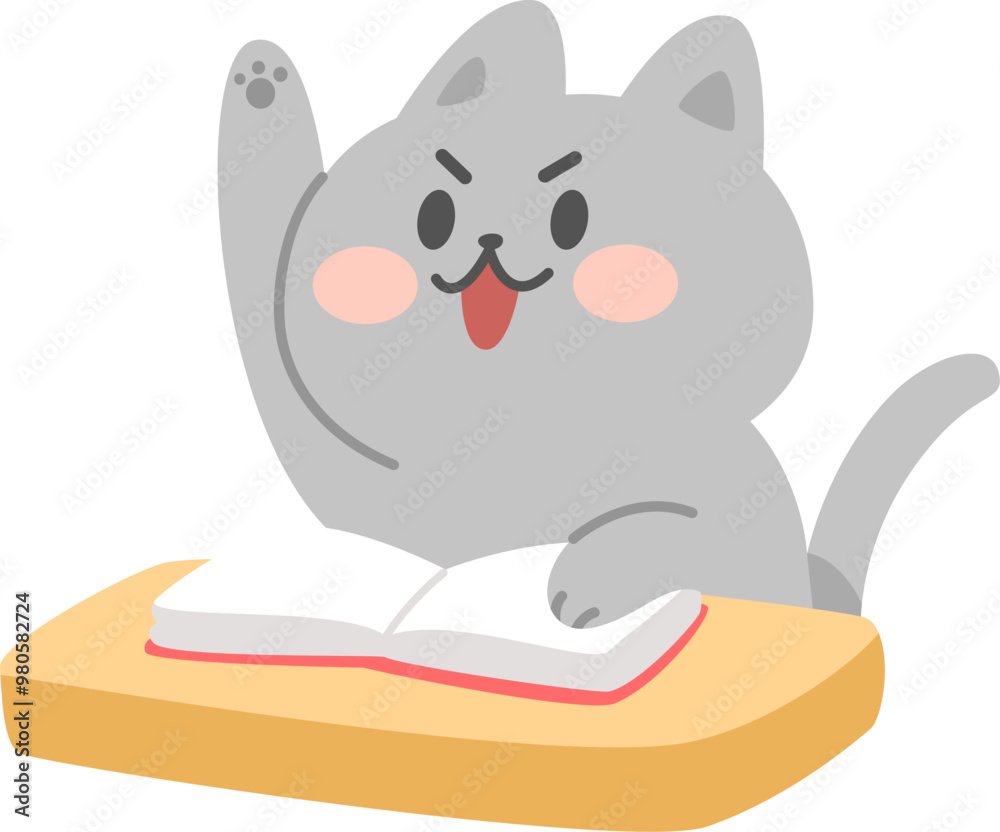 Cute Student Gray Cat Raise Hand Confidently in Class with Textbook Vector Cartoon Illustration Cute Student Gray Cat Raise Hand Confidently in Class with Textbook Vector Cartoon Illustration