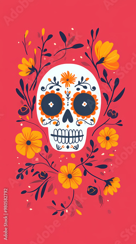 Floral-decorated painted skull