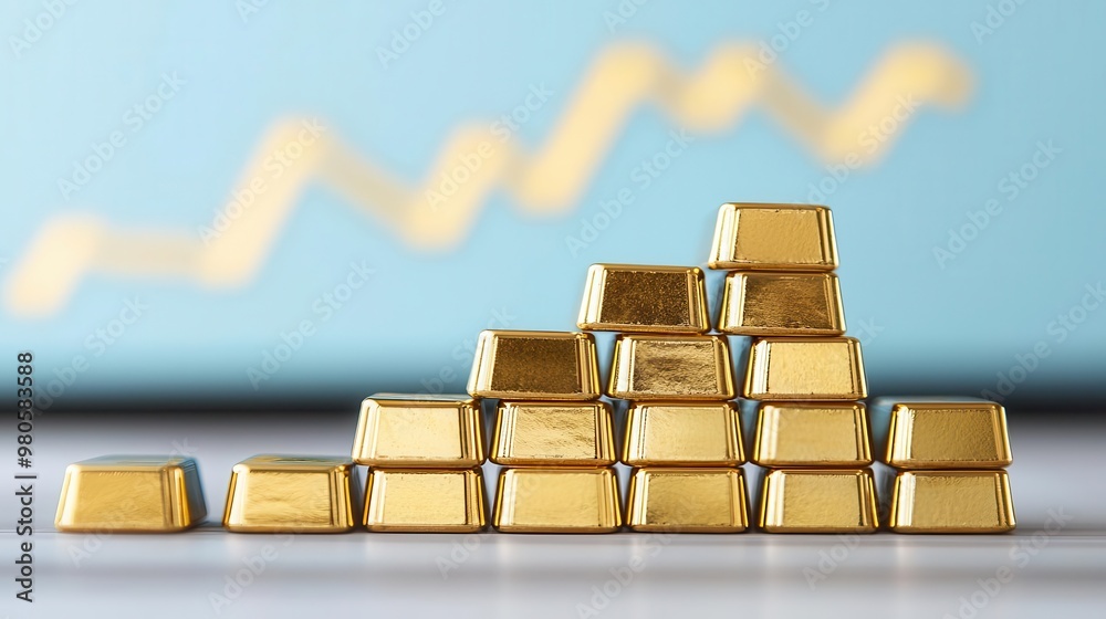 Gold bars forming an upward financial graph, representing successful investment returns and market growth Gold bars forming an upward financial graph, representing successful investment returns and market growth