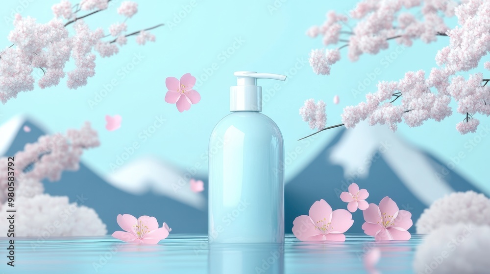 A Bottle of white body wash stands on water with cherry blossom and fuji mountain,bottle product washing or lotion for kid,bottle beauty product for skincare,body care,japan concept,copy space.