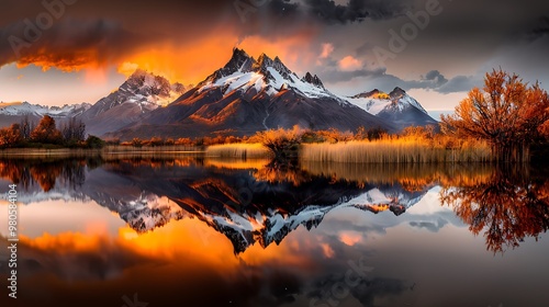 patagonian peaks reflected in still lake, dramatic clouds the jagged peaks are mirrored perfectly in the calm lake. 