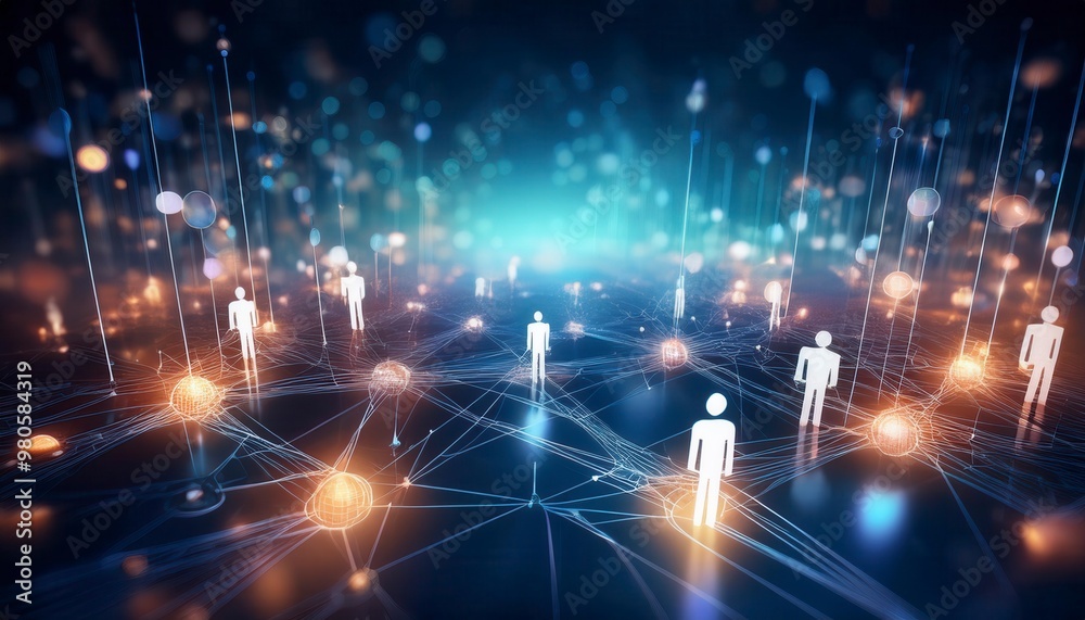 Obraz premium Social network technologies concept with digital graphic user symbols connected by lines on abstract dark blue background. Generated image
