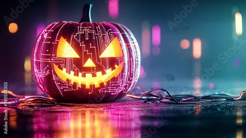 Wallpaper Mural A spooky, glowing pumpkin with a digital design Halloween themes Torontodigital.ca