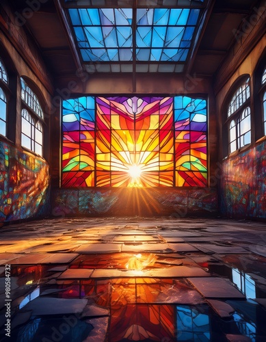 3D rendering of an old church stained glass window with sun rays