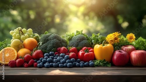 Close-up of vibrant freshfruits and vegetablesarranged in a balancedlayout on a wooden tablesymbolizing healthy gutnutrition and natural
wellness. photo