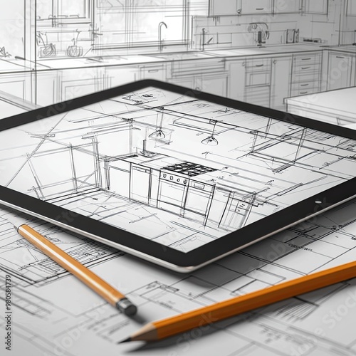Modern Kitchen Design Blueprint on Tablet with Draft Pencil