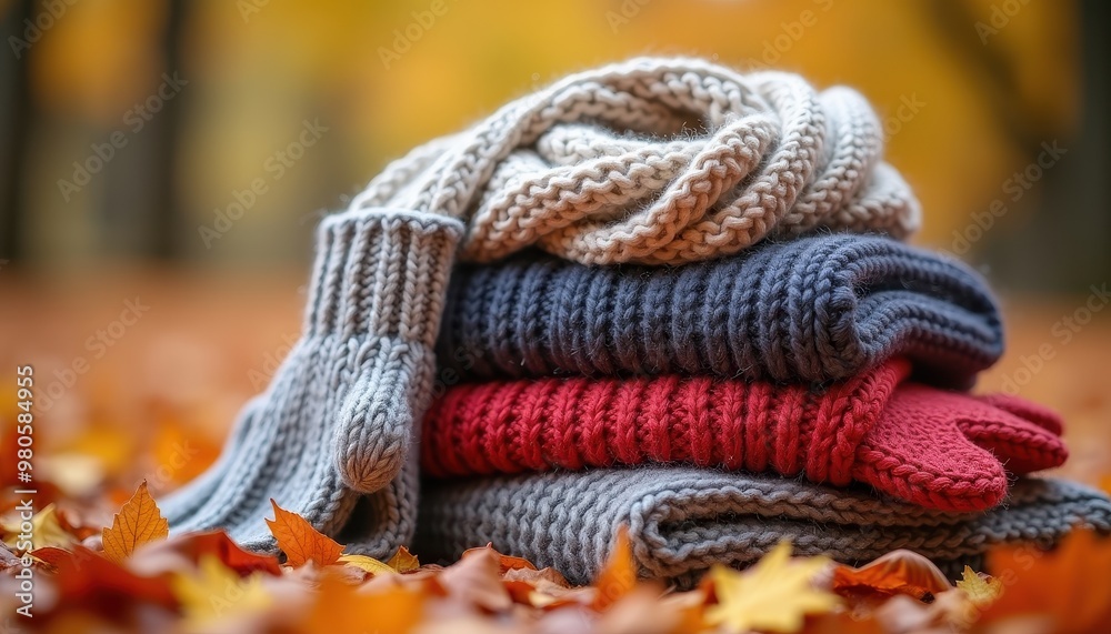 Close-up of a Stack of Cozy Knitted Scarves and Mittens on a Bed of Colorful Autumn Leaves Close-up of a Stack of Cozy Knitted Scarves and Mittens on a Bed of Colorful Autumn Leaves