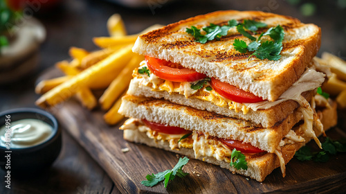 Delicious grilled sandwich with turkey, tomatoes, and fresh herbs served with crispy fries