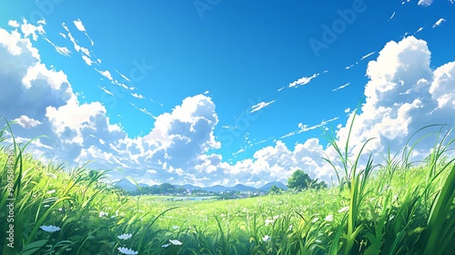 White clouds and grass on blue sky background