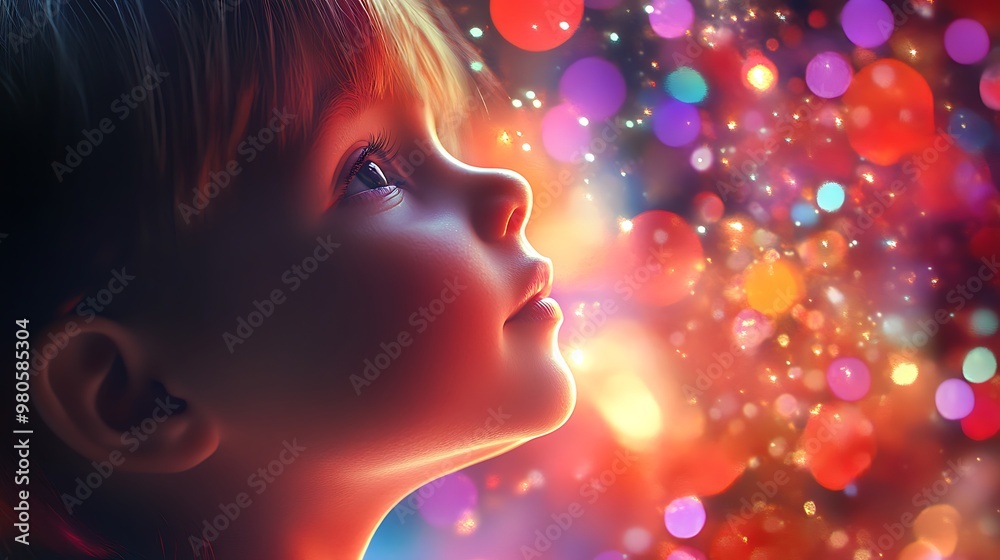Happy smiling little kid in christmas lights