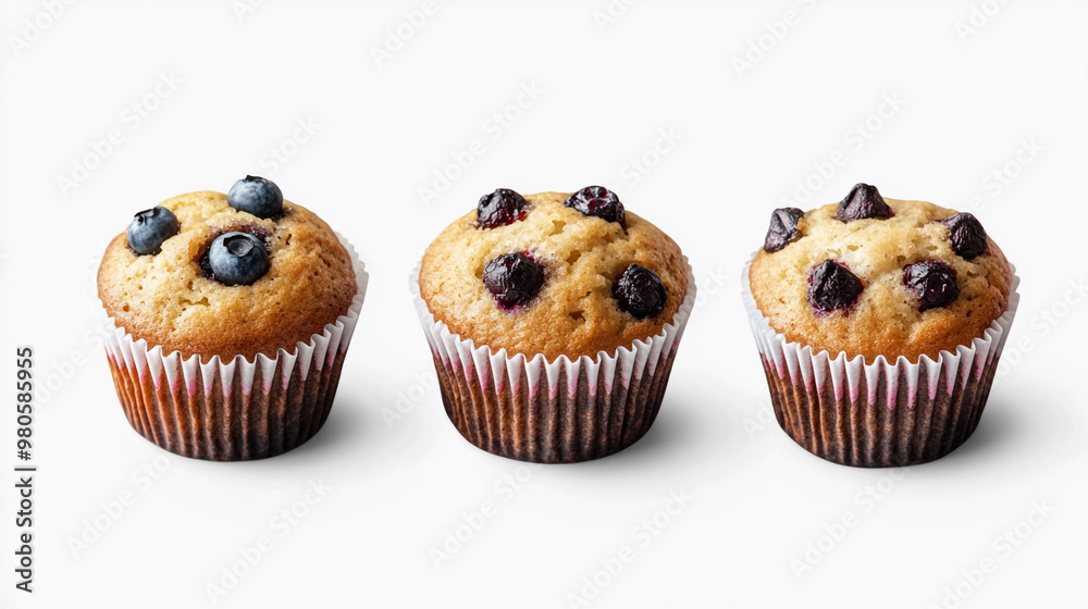 Freshly baked blueberry muffins arranged in a row on a white background Freshly baked blueberry muffins arranged in a row on a white background