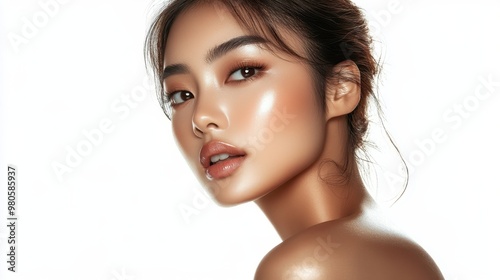 Young Asian woman with Contour and Highlight makeup sample,Young beautiful womman applying makeup using a brush,Professional Contouring face make-up over,Make up woman face. photo