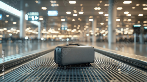 A travel bag placed on an airport conveyor belt, with a clean and modern airport backdrop photo