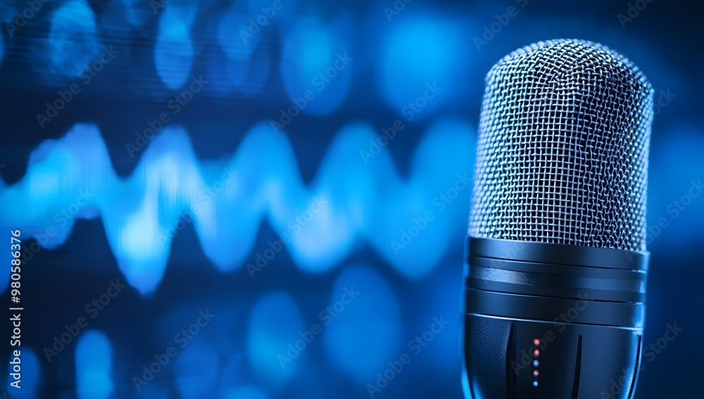 Microphone with sound waves in the background, podcasting and audio recording work on a blue digital backdrop. Microphone with sound waves in the background, podcasting and audio recording work on a blue digital backdrop.