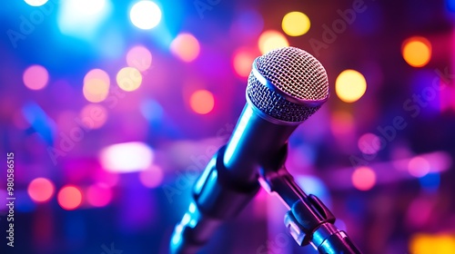 Close up of microphone with blurred lights background