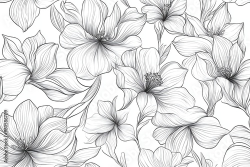 A detailed black and white floral pattern featuring various blossoms.