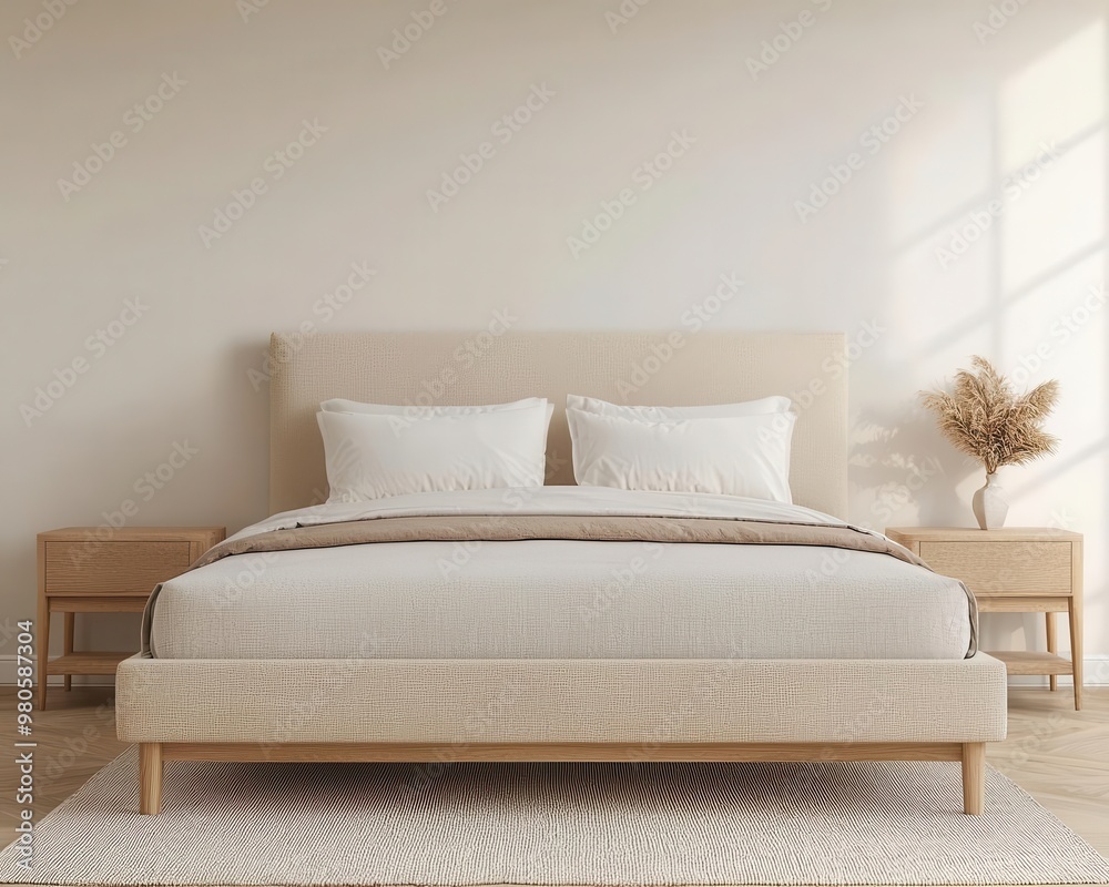 Spacious minimalist bedroom with a beige bed, light wood furniture, and a calming, uncluttered layout, modern design, open bedroom space Spacious minimalist bedroom with a beige bed, light wood furniture, and a calming, uncluttered layout, modern design, open bedroom space
