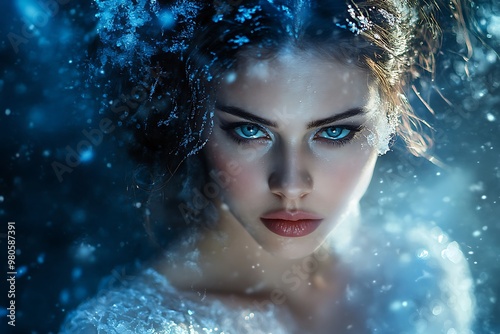 Beauty woman with blue eyes and snow covered winter makeup