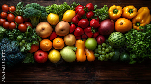 Close-up of vibrant freshfruits and vegetablesarranged in a balancedlayout on a wooden tablesymbolizing healthy gutnutrition and natural wellness.