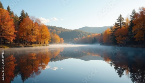 A Tranquil Lake Surrounded by Autumn Trees with Their Reflections Perfectly Mirrored in the Still Water