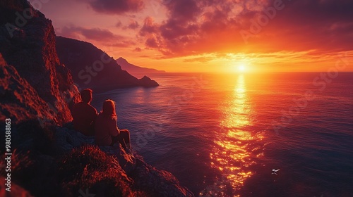 A couple enjoys a serene sunset by the ocean, creating a romantic atmosphere.