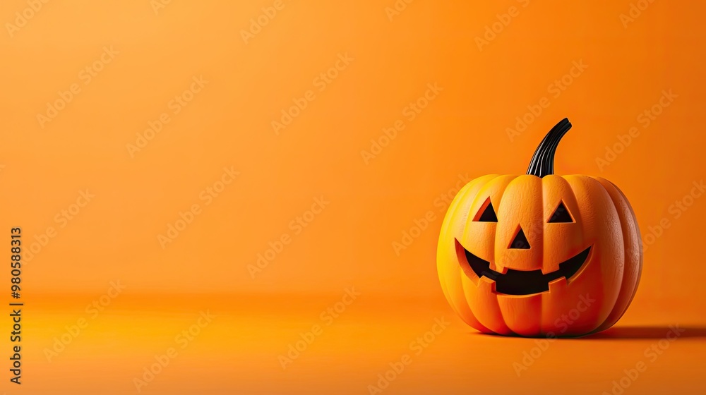 A cheerful Halloween pumpkin with a carved smiling face against a vibrant orange background, perfect for festive decorations. A cheerful Halloween pumpkin with a carved smiling face against a vibrant orange background, perfect for festive decorations.