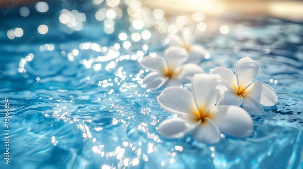 Tranquil white flowers floating on vibrant blue water under warm sunlight during a serene summer afternoon Tranquil white flowers floating on vibrant blue water under warm sunlight during a serene summer afternoon