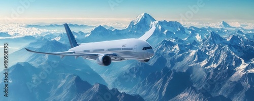 Airplane flying over a mountain range, symbolizing international transportation logistics