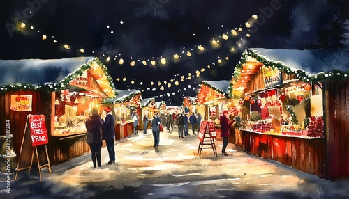 A charming winter market scene illuminated by festive lights and snow, filled with visitors enjoying food and holiday cheer.