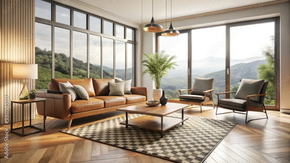 Fototapeta premium Sleek living room with cream-colored walls, statement geometric patterned rug, minimalist wooden coffee table, leather armchair, and floor-to-ceiling windows with subtle natural light.