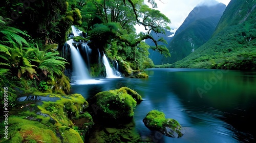 Fototapeta Naklejka Na Ścianę i Meble -  enchanting new zealand fjord, lush green cliffs, cascading waterfalls waterfalls cascade down the lush green cliffs of the peaceful fjord. 