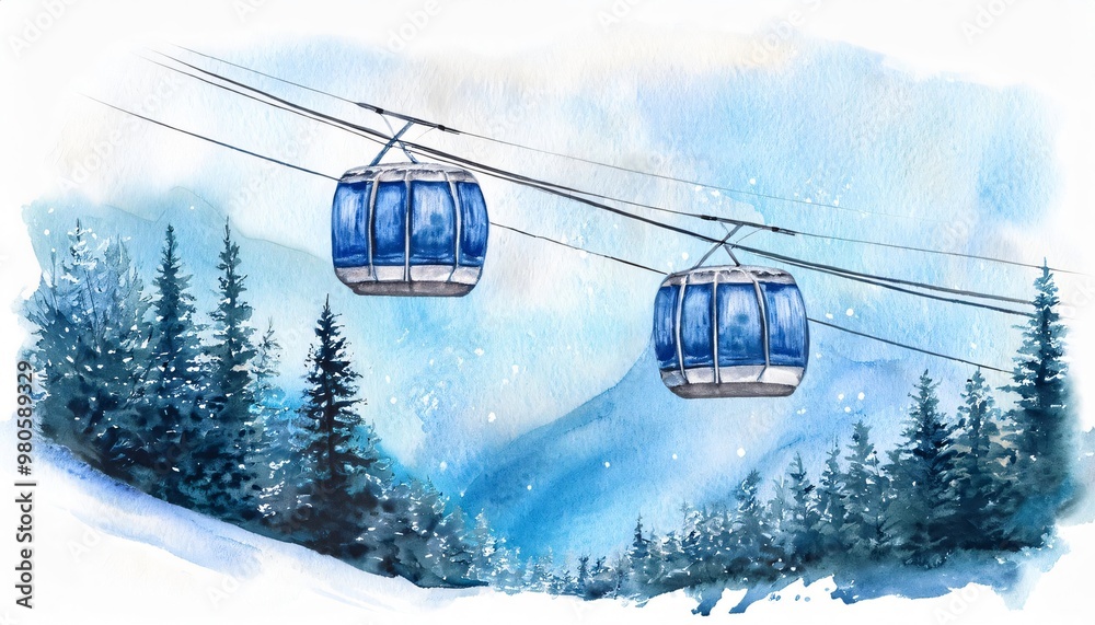 Obraz premium This watercolor painting shows two cable cars moving over snowy pine trees with a mountain in the background