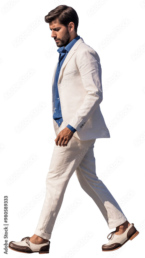 Isolated handsome young man wearing white suit walking, cutout on transparent background, ready for architectural visualisation. Isolated handsome young man wearing white suit walking, cutout on transparent background, ready for architectural visualisation.