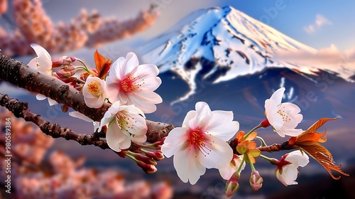 enchanting cherry blossom season in japan, mount fuji background cherry blossoms bloom in front of mount fuji, creating an iconic springtime scene.  photo