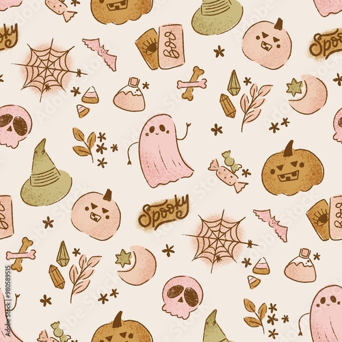 Halloween seamless pattern. Hand drawn illustration of ghosts, skulls, pumpkins, candies, spider web. Background with spooky characters and elements.