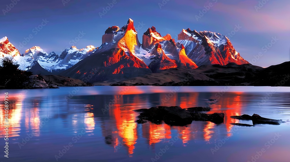 Naklejka premium dramatic torres del paine national park, patagonia, rugged peaks the rugged peaks of torres del paine tower over the windswept landscape. 