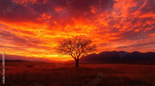 A stunning sunset paints the sky with vibrant hues, silhouetting a solitary tree against a backdrop of mountains.