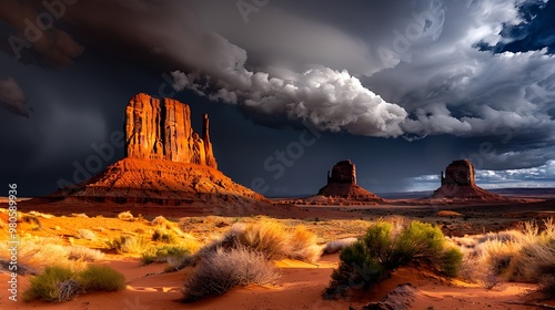 dramatic monument valley, towering buttes, desert storm approaching the towering buttes stand stark against the desert storm rolling in.  photo