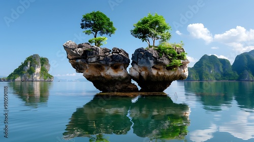 dramatic ha long bay, vietnam, limestone karsts rising from sea towering limestone karsts rise dramatically from the tranquil waters of ha long bay. 