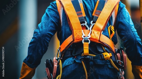 Worker in Safety Harness and Protective Gear at Construction Site Ensuring Safety and Compliance