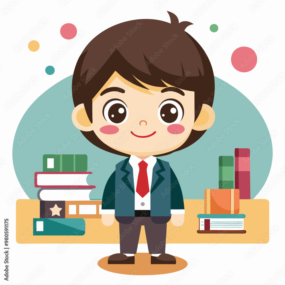 A chibi cartoon teacher in a school setting, standing against a white background, radiates cuteness and charm with exaggerated, playful features. A chibi cartoon teacher in a school setting, standing against a white background, radiates cuteness and charm with exaggerated, playful features.